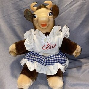 Vintage Plush Borden Elsie the Cow Stuffed Doll Rubber Vinyl Face Blue Dress